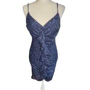 Cefian Blue Sequin Mini Dress With Adjustable Straps & Back Zipper Size M